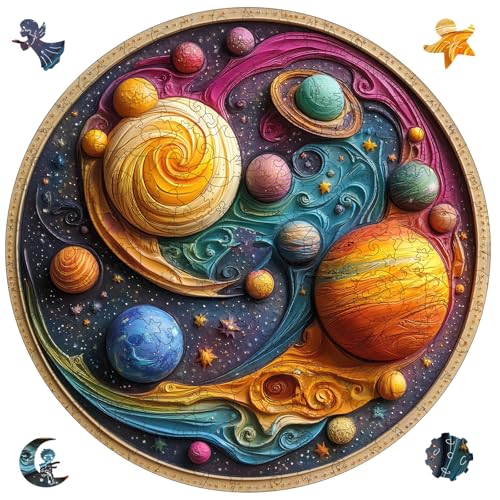 Qiuenisray Wooden Puzzle, 3D Visual Effect Solar System Planet Jigsaw Puzzles 200 Piece, Wall Decor Puzzle, FSC Certified Unique Space Puzzle, Creative Gift for Family Game 11.1x11.2 in