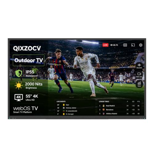 QIXZOCV MWE 55 Inch Outdoor TV, 4K UHD Waterproof Weatherproof Television, IP55 Patio TV with 2000-Nit Brightness, webOS, WiFi, Voice Remote, Screen Mirroring, Wall Mount Included