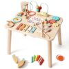 QOMDAFC Montessori Toys for 1 Year Old, Wooden Activity Table for Toddlers 1-3, 13-in-1 Activity Table with Bead Maze, Fishing Game, Shape Sorter & Xylophone, Learning Toy, First Birthday Gift