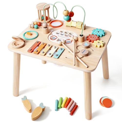 QOMDAFC Montessori Toys for 1 Year Old, Wooden Activity Table for Toddlers 1-3, 13-in-1 Activity Table with Bead Maze, Fishing Game, Shape Sorter & Xylophone, Learning Toy, First Birthday Gift