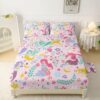 QOOMO Cartoon Mermaid Kids Sheet Set, Pink Floral Kawaii Bedding Set with Queen Size for Girls,Super Soft Breathable Bedding Set Room Decoration, 1 Fitted Sheet, 1 Flat Sheet, 2 Pillow Cases
