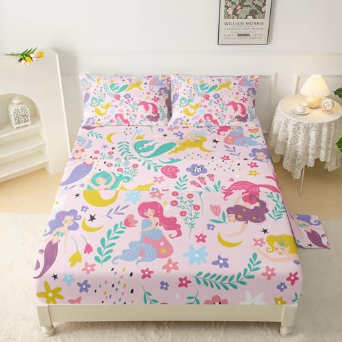 QOOMO Cartoon Mermaid Kids Sheet Set, Pink Floral Kawaii Bedding Set with Queen Size for Girls,Super Soft Breathable Bedding Set Room Decoration, 1 Fitted Sheet, 1 Flat Sheet, 2 Pillow Cases