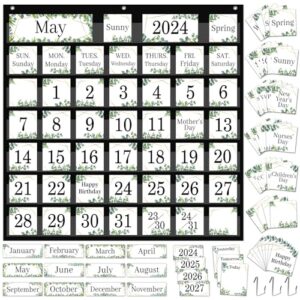QOUBAI 120Pcs Classroom Calendar Pocket Chart Eucalyptus Calendar Bulletin Board Set Classroom Decorations Greenery Calendar Seasons Weather Chart for Classroom Decoration Back to School Supplies