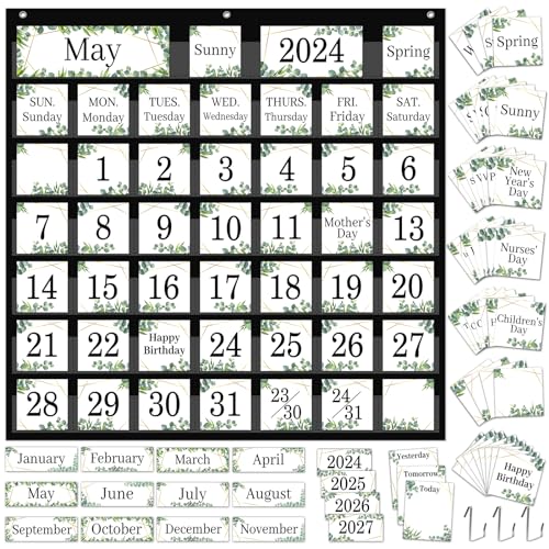 QOUBAI 120Pcs Classroom Calendar Pocket Chart Eucalyptus Calendar Bulletin Board Set Classroom Decorations Greenery Calendar Seasons Weather Chart for Classroom Decoration Back to School Supplies