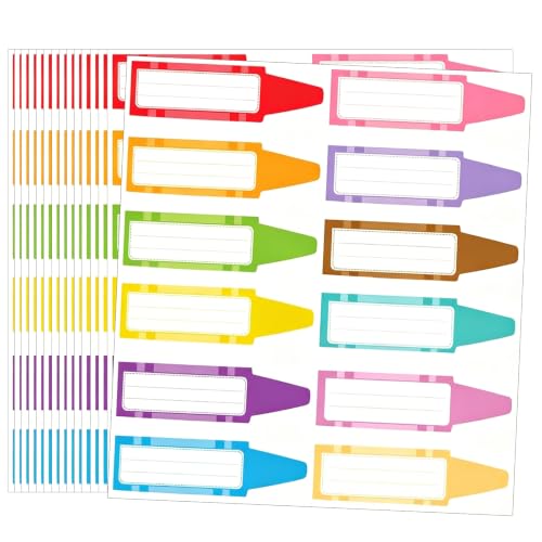 Qpout 180 Pcs Crayon Shaped Name Tag Labels, Self Adhesive Writable Crayon Box Desk Name Plates Stickers for Notebook Lunch Box Cubby Students Teacher Office Nursery Classroom Supplies
