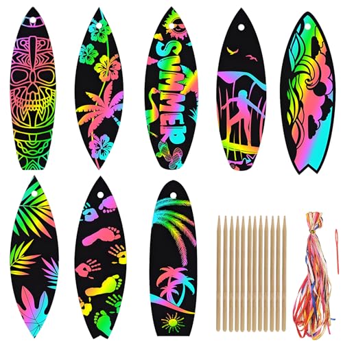 Qpout 48pcs Summer Surfboard Scratch Cards,Magic Rainbow Surfing Themed Art Paper Crafts Hanging Ornament for School DIY Activity Birthday Party Decorations Favor Supplies