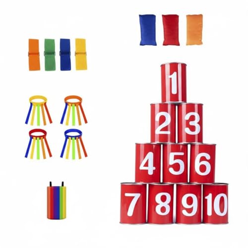Qraatosi Children Game Can Toss Set Educational Motor Skills Improvement Tinplate Construction Colorful Suitable for Backyard School Entertainment, Red Numbered Cans with Rainbow Striped Set