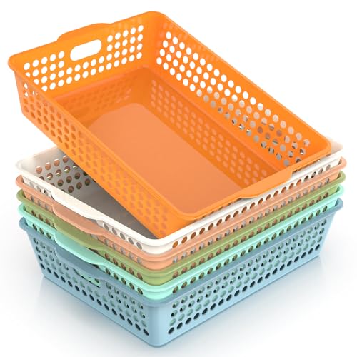 QRRICA 6 Pack Plastic Classroom Storage Baskets, Paper Trays for Classroom Organization & Turn in Trays for Teachers, Students, Desk Organizer Bin 13.8x10.6x3.1 Inch (Morandi)
