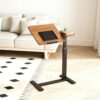 QSOSTNS Mobile Adjustable Standing Desk, Overbed Bedside Table with Wheels & Tiltable Desktop, Rolling Laptop Table Height Adjustable for Home Office Bedroom Study, Walnut + Black