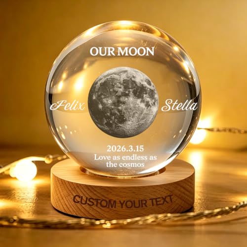 QSZ Personalized Moon Phase 3D Crystal Ball LED Night Light Custom Name Date Text Gift for Couple Wife Mom Friends Daughter Valentines Day Mothers Day Birthday (Personalized Crystal Ball)