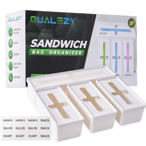 Qualezy Storage Bag Organizer for Kitchen- Baggie Drawer Organizer & Plastic Food Storage Bags Holder- Compatible with Gallon, Quart, Sandwich, Snack Bags, Freezer, Slider Bags-4 Separate Pieces White