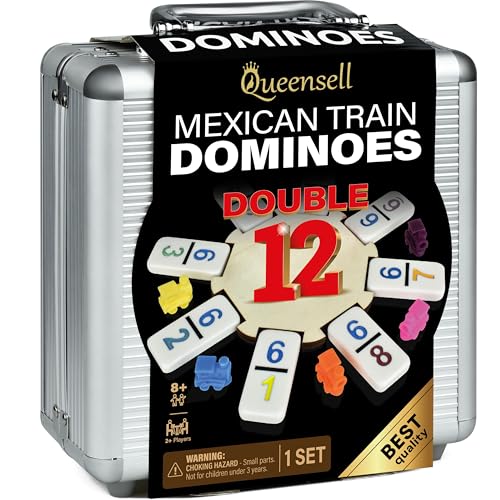 Queensell Mexican Train Dominoes Set with Numbers, Double 12 Dominoes Sets for Adults, Mexican Domino Train for Adults and Family - Domino Sets 91 Tiles with Aluminum Case