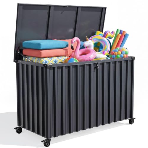 Quictent 210 Gallon Heavy Duty Metal Deck Box, Waterproof Outdoor Storage Box with Lockable Lid & Wheels, Galvanized Steel Patio Storage Bin for Cushions, Pool Supplies, Garden Tools