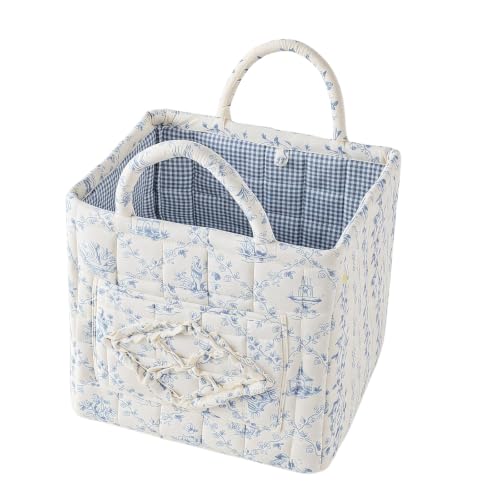 Quilted Fabric Car Storage Basket with Handles & Pocket, Foldable Laundry Hamper Boho Floral Print Organizer Bin for Home, Picnic, Office Nursery Cloth Toy 12"x10"x10" (Style F)