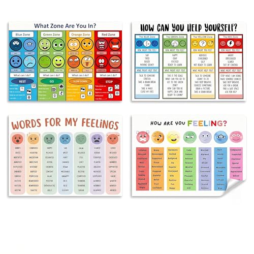 QUIVVALO Zones of Regulation Posters, Complete 4 Pack Emotional Regulation Set for Calm Down Corner, Feelings Chart for Kids Classroom SEL Decor, Autism ADHD Coping Skills Tools, Teacher School Reopening Gift, Waterproof Canvas, 18x12 Inch (Set of 4)