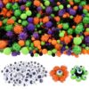 Qumenan 1000 Pieces 4 Sizes Halloween Pom Poms Crafts Assorted Glitter Pom Poms and Wiggle Eyes for DIY Hobby Supplies Halloween Party Decorations (Black, Orange, Purple,Green)