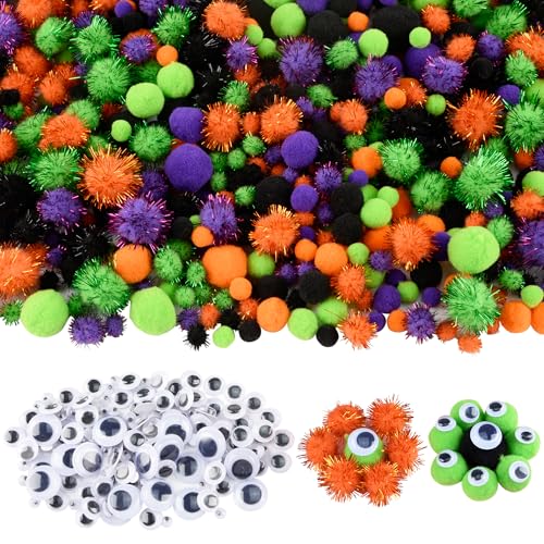 Qumenan 1000 Pieces 4 Sizes Halloween Pom Poms Crafts Assorted Glitter Pom Poms and Wiggle Eyes for DIY Hobby Supplies Halloween Party Decorations (Black, Orange, Purple,Green)