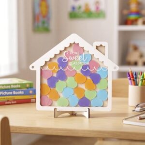 Qunclay House Shaped Classroom Reward Jar with Colorful Acrylic Hearts, Home Sweet Classroom Decor Positive Behavior Reward System with Magnet Wooden Stand Hanging Rope for Home Good Habit Training