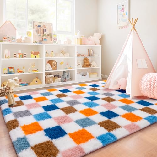Quntue Checkered Rug 6x9 for Living Room, Ultra Shag Large Rainbow Area Rug for Bedroom, Modern Plush Soft Upgrade Non-Slip Fluffy Fuzzy Carpet for Kids Girls Room, Dorm Home Decor