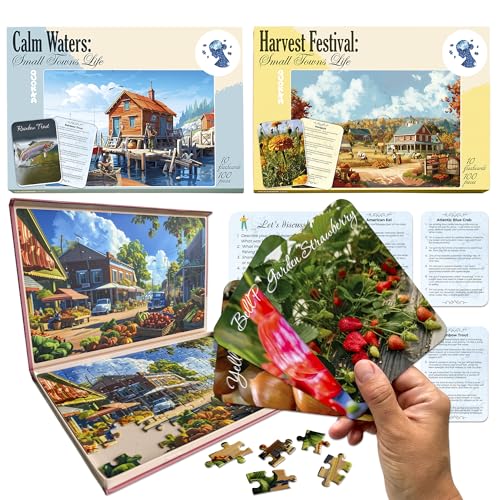 QUOKKA 100 Piece Dementia Puzzles for Elderly - 3SET Large Piece Puzzles for Seniors - 9 Memory Flashcards with Facts – 25 Discussion Prompts – Little Town Life - Alzheimer's Activities Products