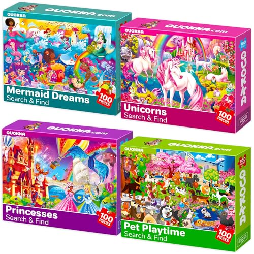 QUOKKA 100 Piece Puzzles for Kids Ages 4-6 – 4 Jigsaw Puzzles for Kids Ages 6-8 – Search and Find Unicorn Princess Mermaid Toys for Children 8-10 Year Old – Educational Game Gift for Boys and Girls