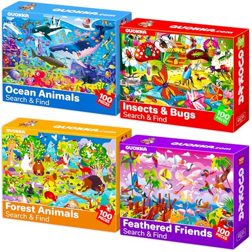 QUOKKA 100 Piece Puzzles for Kids Ages 4-6 – 4 Jigsaw Puzzles for Kids Ages 6-8 – Search and Find Game with Ocean Forest Animals for Childrens 5-8 – Learning Educational Toys for Boys and Girls 8-10
