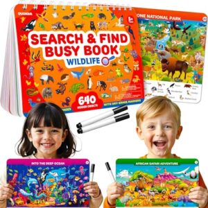Quokka Busy Book for Toddlers 3-5 – Wildlife Search and Find Activity Book - Dry Erase Workbooks for Kids 3-5, Reusable Workbook with Markers for Travel Quiet Time Learning