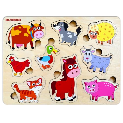 QUOKKA Farm Animals Wooden Puzzles for Toddlers 3-5 - Toddler Puzzles 1-3 Years Old - Gift Domestic Animals Educational Toys for Boys & Girls - Wood Games for Children's Learning 2-4