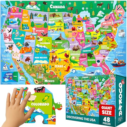 QUOKKA Giant Floor Puzzles for Kids Ages 4-6 – 2x3 Feet Extra-Thick 48 Pieces Toddler Puzzles for Kids Ages 3-5 – USA Map Educational Activity for Boys Girls 4-8 – Premium Box with Handle & Magnetic