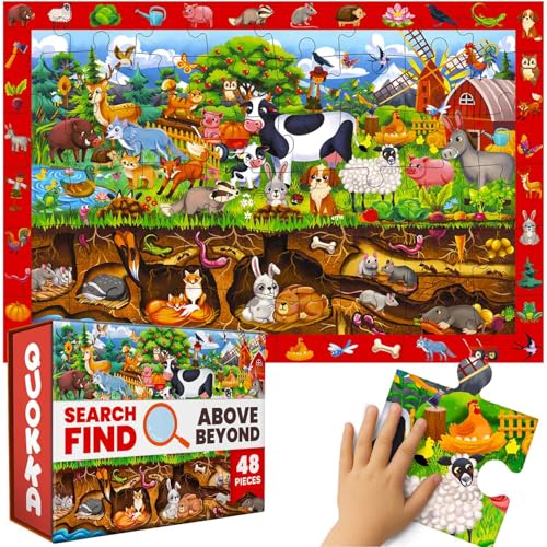 QUOKKA Giant Floor Puzzles for Kids Ages 4-6 – 2x3 Ft Search and Find Jumbo Jigsaw Puzzles for Kids Ages 3-5 – 48 Above and Beyond Farm Animals Scene for 4-8 yo – Toy with Gift Box for Toddlers