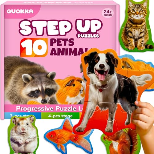 QUOKKA Puzzles for Kids Ages 3-5 – Large Floor Puzzles for Toddlers 2-4 – 10 Realistic Pets Animals Shapes – Extra Thick Cardboard Preschool Learning Game – 40 Big Piece Gift Toy for Toddlers 1-3