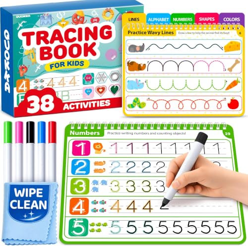 QUOKKA Tracing Books for Kids Ages 3-5 – Reusable Dry Erase Activity Books for Kids Ages 3-5 - Writing Practice Workbook with Markers Quiet Time Travel Learning