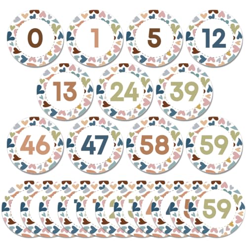 Qyeahkj 61Pcs Classroom Number Cutouts - Boho Hearts Number Line Bulletin Board Decor Boho Hearts Educational Accent Cards with Numbers 0-59 for Teachers Students Wall School Home Decorations