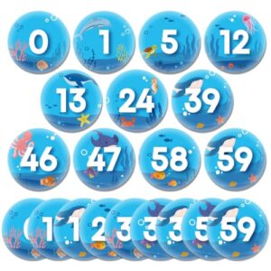 Qyeahkj 61Pcs Classroom Number Cutouts - Ocean Theme Number Line Bulletin Board Decor Ocean Educational Accent Cards with Numbers 0-59 for Teachers Students Wall School Home Decorations