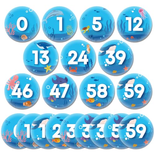 Qyeahkj 61Pcs Classroom Number Cutouts - Ocean Theme Number Line Bulletin Board Decor Ocean Educational Accent Cards with Numbers 0-59 for Teachers Students Wall School Home Decorations