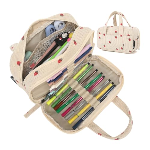QYQMEYQ Large Pencil Case Pouch, Extra Big Pencil Bags with Zipper, Cute Corduroy Pencil Pouch with 5 Compartments, Pen Bag Wide Opening, Pencil Pouch Organizer, Pencil Box for Teen Girls Adults