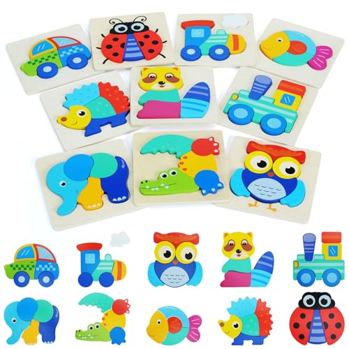 QZMTOY Toddler Puzzles 10 Pack Wooden Puzzles for Toddlers,Montessori Puzzles for 1-3 2-4 Year Old,Infant Baby Learning Toys,Animal Vehicle Shape Jigsaw Puzzles Gift for Boys Girls-Large 3D Blocks…