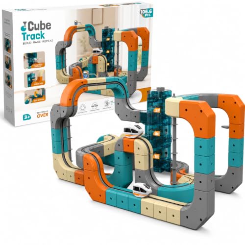Race Track Toy for Kids Ages 14+, 106 PCS DIY Modular Cube Track Car Set with Elevator Tower & 2 Mini Cars, STEM Building Toys for Boys Girls, Toddler Car Track Toys for Indoor Play, Birthday Gifts