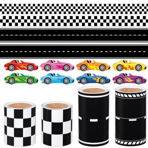 Racing Car Theme Bulletin Board Border Set 4 Rolls Race Track Trim 200 Race Car Stickers Race Party Black and White Bulletin Trim Decorations for Race Classroom Wall Door Chalkboard Decor