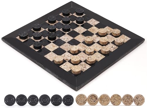 Radicaln Marble Checkers Set 15" Inches Black and Coral Handmade Checker Board Game & Draughts Pieces for Outdoor Travel Games, Ideal Stone Chess and Checker Board Games for Adults
