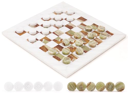 Radicaln Marble Checkers Set 15" Inches White and Green Onyx Handmade Checker Board Game & Draughts Pieces for Outdoor Travel Games, Ideal Stone Chess and Checker Board Games for Adults