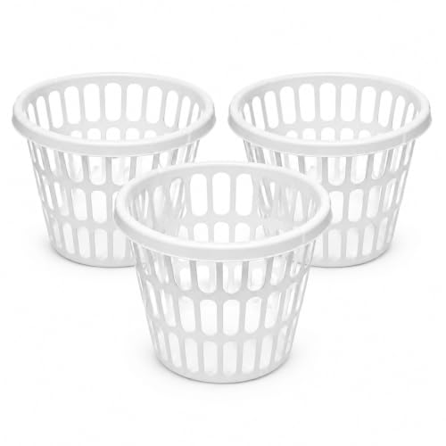 RahaFix 1 Bushel Round Laundry Basket, Pack of 3, White Plastic Clothes Basket with Open Top, Built-In Carry Handles, Lightweight Laundry Hamper for Bedroom, Bathroom, Dorm, Apartment and Laundry Room