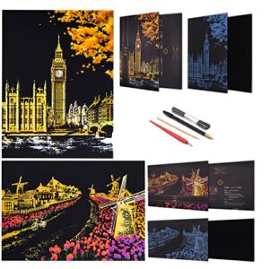 Rainbow Scratch Painting Paper By BOTEEN,City Series Night Scene,Scratch Painting Creative Gift,Scratchboard for Adult and Kids,with 4 Tools,Size:16''x11'' (Dutch Windmill,Big Ben)