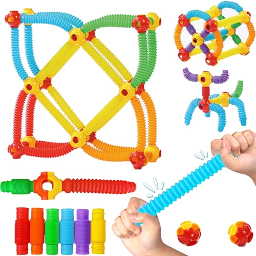 RAINBOW TOYFROG Pop Tubes Connecting Toys - 60 Piece Colorful Stretchy,STEM Building Sets for Kids, Preschool Classroom Must Haves, Occupational Therapy Toys, Autism Sensory Products