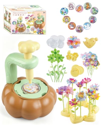 Rainbow World Flower Bouquet Craft Kit for Kids, 2 in 1 DIY Fabric Flower Toys with Button Making Machine, Embossing Press for Arts & Crafts, STEM Screen-Free Activity for 4-8 Year Old Girls Boys