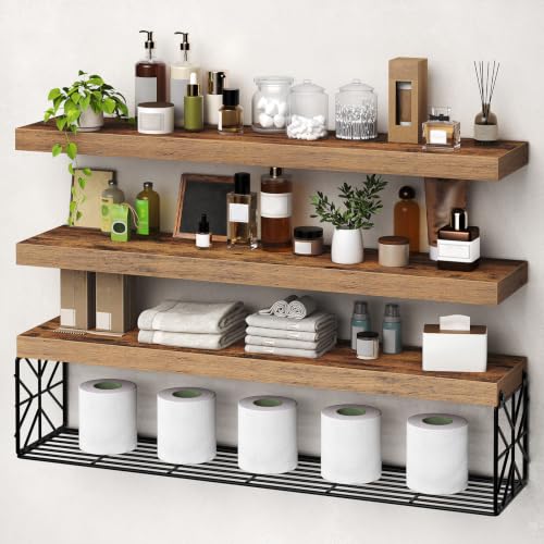 RALGEND Floating Shelves for Wall, 31.5" Wall Mounted Shelves Set of 3, 1.5" Thick Hanging Shelf Storage, Farmhouse Decor for Bathroom, Toilet, Bedroom, Living Room, Kitchen, Rustic Brown 8001BJBF