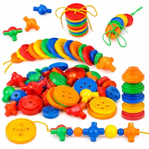 Rardsay 40 Pcs Big Bright Craft Buttons Stacking Toy Plastic Assorted Vivid Button Colors Geometric Shaped Buttons Colorful Large Beads Button Lacing Threading for Arts DIY Crafts Projects
