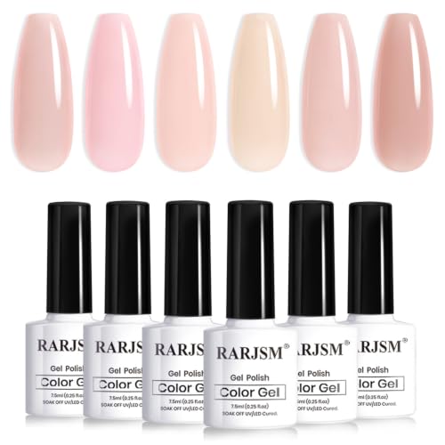 RARJSM Nude Pink Gel Nail Polish Set 6 Pcs Transparent Neutral Skin Tone Colors Jelly Gray Peach Beige Pink Sheer Rose French Manicure Gelpolish Soak Off Curing Requires for Home Salon 7.5ml