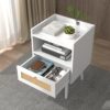 Rattan Nightstand with Charging Station, Mid Century Modern Bed Side Table, End Table with Solid Wood Legs, Bedside Tables for Kids' Room Farmhouse Bedroom Living Room Dorm Sofa Office Corner (White)