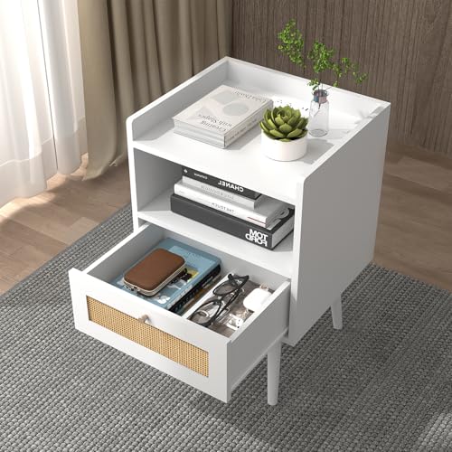 Rattan Nightstand with Charging Station, Mid Century Modern Bed Side Table, End Table with Solid Wood Legs, Bedside Tables for Kids' Room Farmhouse Bedroom Living Room Dorm Sofa Office Corner (White)